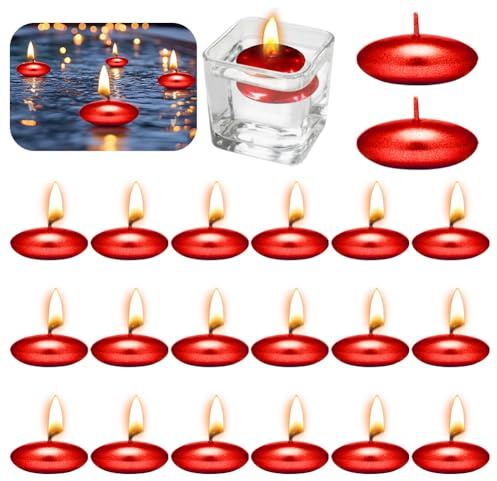 Lot de 20 bougies flottantes en métal rouge métallisé non parfumées - 37 mm - Bougies flottantes décoratives pour mariage, piscine, fête, spa, baignoire, Saint-Valentin, Noël