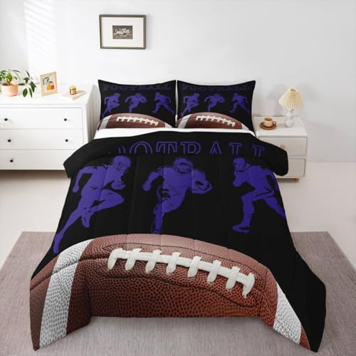 Erosebridal Football Bedding Sets Queen Sports Comforter Set for Boys Room Decor, Football Comforter Rugby Player Silhouette Duvet Insert 3 Pieces