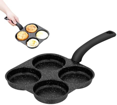 Qubitly Non-Stick Frying Pan with 4 Hole, Egg Frying Pan, Fried Egg Burger Pan with Curved Handle for Breakfast Steak Pancakes Burgers, Black Maifan Stone Coating, 7.9x14.6 Inches