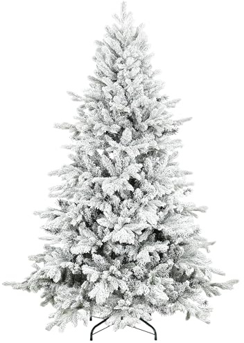 HOMCOM 6ft Snow Flocked Christmas Tree Realistic Tips Hinged Xmas Tree | Wide Shape, Foldable Metal Stand, Easy Assembly, for Home Decor