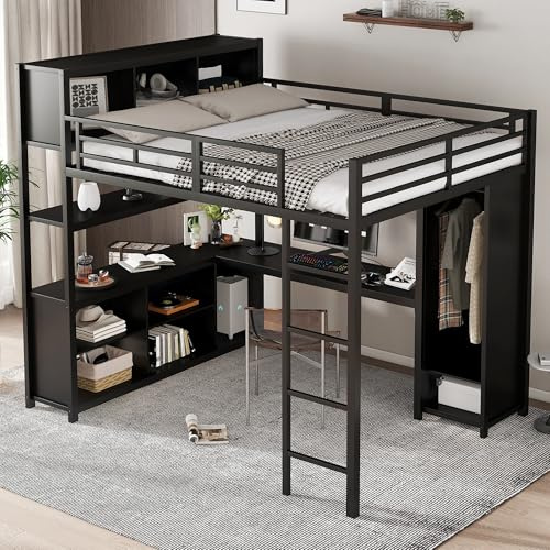 Oslghy Etagenbett Kinderbett 140x200 cm, Eisenbett Hochbett mit Stauraum Schreibtisch, Einzelbett Metallbett Bett mit Kleiderschrank, Leiter und Lattenrost aus Metallrahmen, ohne Matratze (Schwarz)