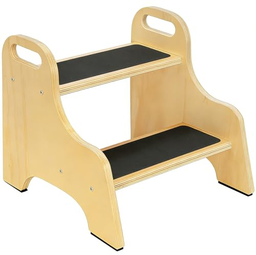 FREEAMG 2 Stufen Holz-Tritthocker für Kinder, Tritthocker aus Massivholz mit Rutschfester Trittfläche, Tragbaren Griffen, Rutschfesten Fußpolstern, 130KG Tragkraft für Küche/Badezimmer/Schlafzimmer