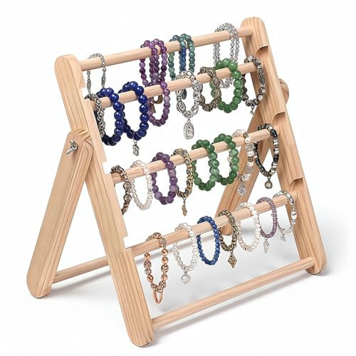 Kedjeställ smyckesställ armbandshållare av trä, 4 våningar smyckeshylla smycken, vikbar halsbandshållare, vintage armbandshållare klockstativ, smyckesträd för kedjor, armband och örhängen