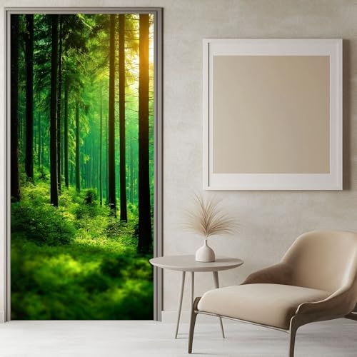 Türtapete Selbstklebend Türposter Natur Wald, 3D Grün Türaufkleber Wasserfest Türfolie Selbstklebend Fototapete 100x200 cm, für Schlafzimmer Gang Tür Deko