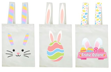 3 Stück Ostertüten zum befüllen mit Hasenohren-Henkel, Ostern Geschenke Stofftasche für Jungen Mädchen, Osternester zum befüllen Leinenbeutel Frohe Motiv für Eiersuche