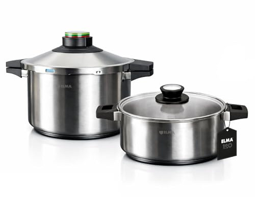 ELMA Set de 2 Ollas a Presión Prêst 4+6 L | Acero Inoxidable 18/10, Fondo Encapsulado Apto Inducción, 2 Modos de Cocción, Triple Sistema de Seguridad, Tapa de Cristal Incluida