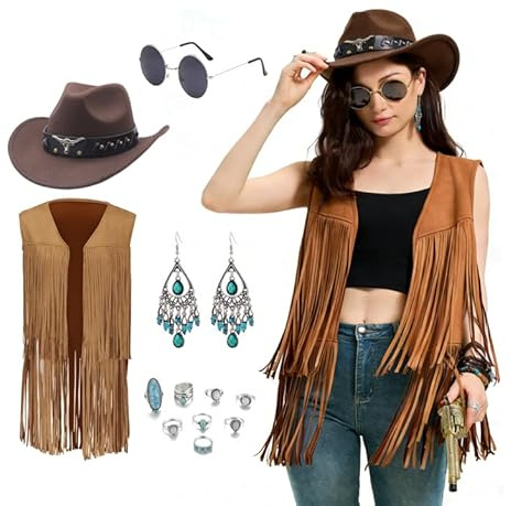 Cowgirl Kostüm Damen, 13-Teiliges Cowboy Kostüm Damen mit Fransenweste, Cowboyhüte, Ringe, Ohrringe, Sonnenbrille Western Outfit Damens für Karneval, Cosplay Party/A
