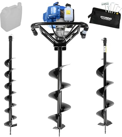 Hyundai 56cc Petrol Earth Auger Post Hole Digger with 100mm 150mm & 200mm Drill Bits, Anti-Vibration Handle, Heavy Duty Ground Borer