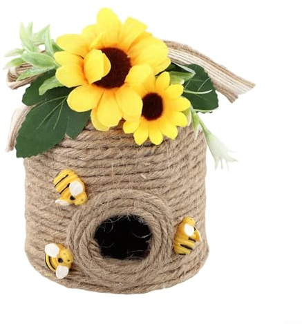 AugustknowU Hotel de abejas, casa de abejas, decoración hecha a mano de la colmena de la abeja de la cuerda de cáñamo con las abejas de madera, casa de abeja compacta para la bandeja escalonada o