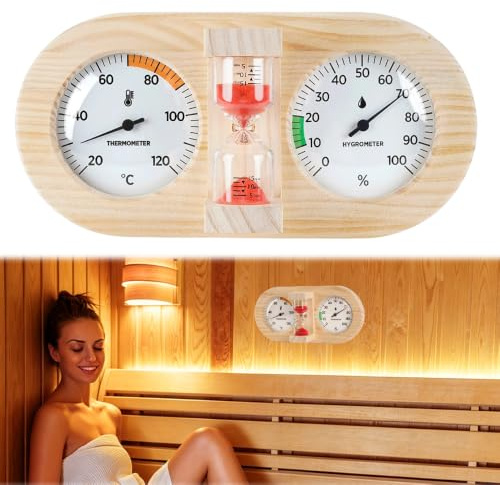 Hojalis Thermomètre De Sauna Hygromètre En Bois, Thermomètre Hygromètre 2 En 1 pour Sauna En Bois, Thermometre Interieur Bois, Humidimètre Rond En Bois, Accessoires De Sauna Pour Hammam, Sauna