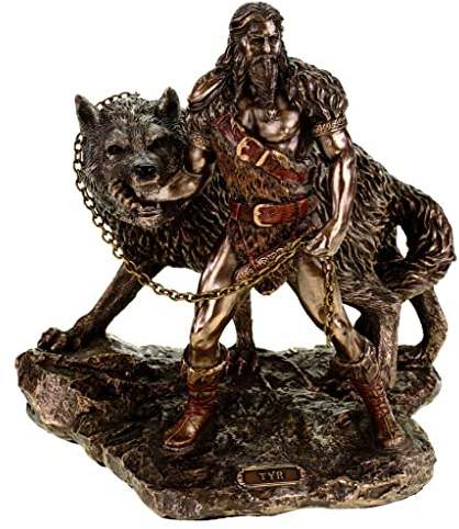 Figurine bronzée d’une scène de la mythologie germanique Le dieu Tyr capture le loup Fenrir