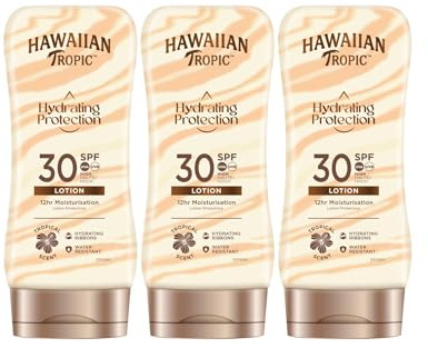 Hawaiian Tropic Hydrating Protection SPF 30 - Loción Solar Protectora con Cintas de Seda Hidratantes, Resistente al Agua hasta 12 Horas, Crema 180 ml (Individual)