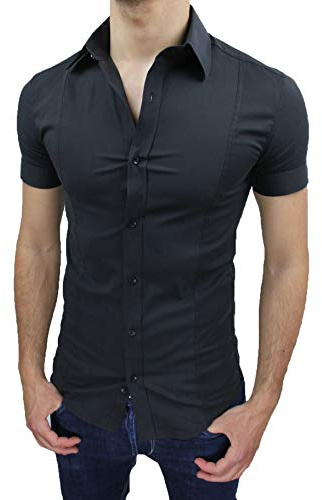 Evoga Camicia Uomo Slim Fit a Maniche Corte Aderente Elasticizzata Casual