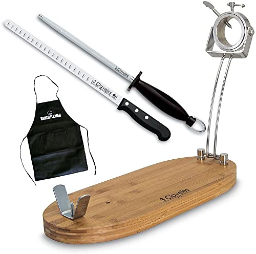 Set de Jamonero Giratorio Plegable Metal / Madera + Cuchillo Jamonero Alveolado con Chaira + Delantal Negro Bricolemar de Regalo (Soporte Ovalado Plegable Giratorio + Set Cuchillo Alveolado y Chaira)