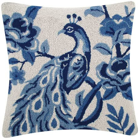 Peking Handicraft Chinoiserie Peacock, Hook Pillow, Wool and Poly Velvet