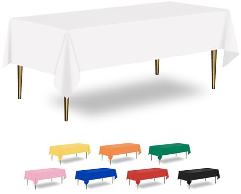 XHDA 6 Pack White Disposable Tablecloth, 54 x 108 Inch, Rectangular Plastic | PEVA Material, Wipeable Waterproof Surface, Stain Resistant, Cut to Size Design, for Kids Parties, Birthdays and Events