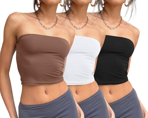 Trendy Queen Womens 3 Pack Summer Tube Tops Crop Going Out Strapless Basic Backless Bandeau Bustier Beach Outfits Black White Coffee M
