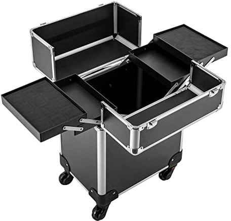 Mallette de Maquillage à roulettes, Valise Maquillage Professionnel, Valise Coiffure Professionnel,Compartiment Extensible, 4 roulettes universelles, pour Coiffeur, cosmétique, Noir