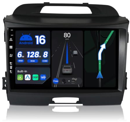 BXLIYER [Octa-Core, 6G+128G] - Autoradio pour Kia Sportage 3 III SL (2010-2016) - Android 16 GPS Radio - Carplay + Android Auto - DSP Dab Volant WLAN 360-CAM AHD - Caméra + MIC - 2 Din QLED 9 Pouce