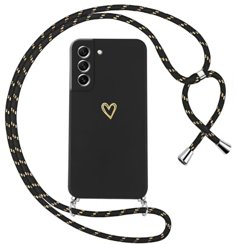 Oelrstfe Handyband für Samsung Galaxy S21 FE 5G Hülle mit Band Herz Motiv Handyhülle für zum Umhängen Silikon Stoßfest Ultra Dünn Weich Schutzhülle mit Kordel Kette Gold Love Muster Case,Schwarz