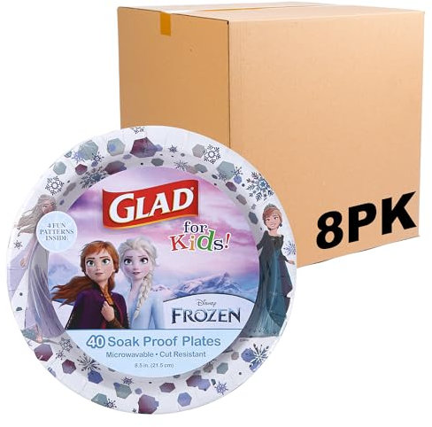 Glad for Kids Disney Frozen Disposable Paper Plates, Anna and Elsa - Heavy Duty, Soak Proof, Microwavable, Kid-Friendly Snack Plates for Everyday Use, 8.5 Inch, 40 Count - 8 Pack