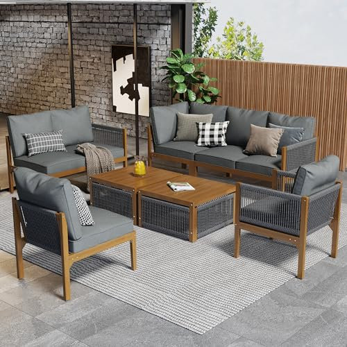 Kayan Gartenlounge-Set für 6-7 Personen, Gartenmöbel Set, Sitzgruppe Gartengarnitur für Terrasse Balkon Garten, Gartensofa mit Esstisch, 2 Hocker und Kissen, Akazien-Tischplatte, Grau