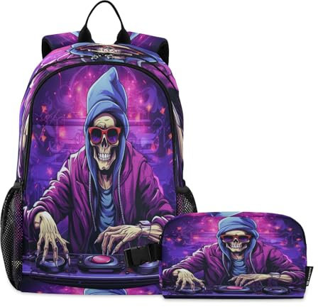 LINNIKEEEE Dj Di Musica Natalizia Viola Set Zaino per Studenti Borsa per Il Pranzo,Borsa Scuola Leggera Resistente per Ragazzi Ragazze