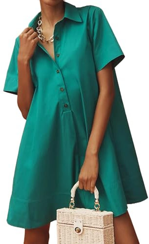 Dsewpaur Kurzärmeliges Swing-Tunika-Minikleid für Damen, Knopfleiste, Hemdbluse, kurzes Kleid, Sommer, lässig, fließendes A-Linien-Kleid, Grün , Mittel