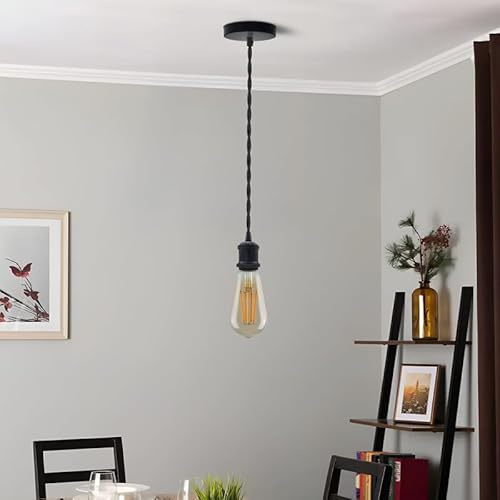 Matt Black Vintage E27 Pendant Light Fitting – Industrial Hanging Lamp Holder Kit with 2m Adjustable Twisted Braided Cable & Ceiling Rose for Kitchen Island, Dining Room, Café & Home Lighting | Vintage Industrial Ceiling Hanging Lamp Holder for Kitchen Island, Dining Room, Café & Bar