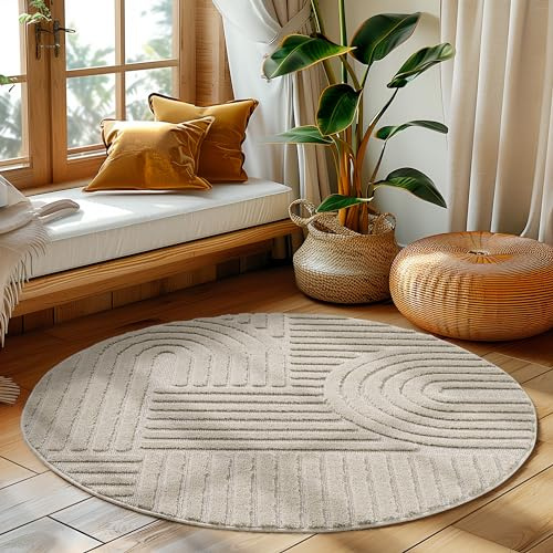 HomebyHome Teppich Rund 120 cm Beige, Hochflor Wohnzimmer Teppich, Weich & Flauschig, Skandinavisch Boho Stil, Langflor Shaggy, Pflegeleicht, Jute Rückseite