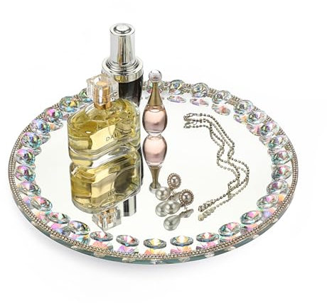 SUMNACON Cristal decorativo espejo con cristal diamante bandeja organizador redondo 27 cm, AB colorido;