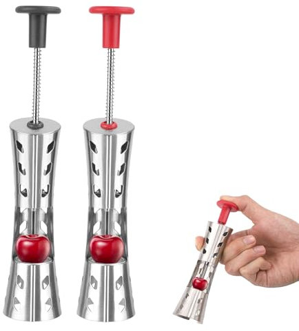 2uds Herramientas para Deshuesar Cerezas, Deshuesador de Aceitunas y Cerezas de Acero Inoxidable Removedor de Huesos de Frutas para Hacer Mermelada de Cerezas (Rojo & Negro)