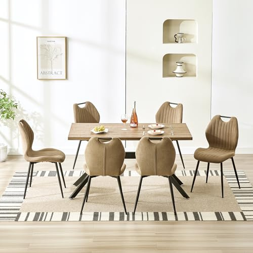 LEWE Essgruppen Esstisch aus Holz mit 6 Braun Stühlen 140 x 80 x 76 cm | Rechteckig Esstisch mit 6 Esszimmerstühle mit Hohe Rückenlehne, Integrierter Griff, Tischset für Küche Esszimmer Wohnzimmer