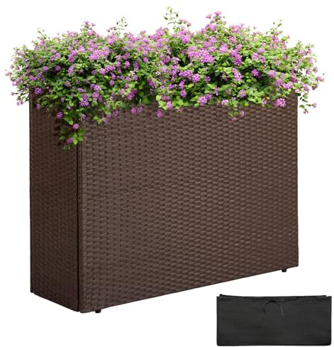 IDZO All Weather Wicker Planter Raised Garden Bed, 24 in Tall Round Rattan Flower Pots, Durable Self-Watering Indoor Outdoor Wicker Planters for Porch Patio Balcony
