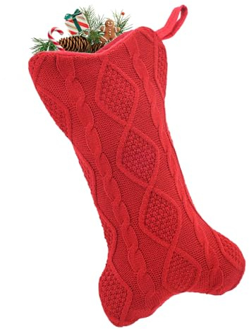 Mikovivi Weihnachtsstrumpf für Hunde, Weihnachtsstrumpf aus Strick Süß Knochenförmig Großer Haustierstrumpf für Weihnachtsfeier Hängende Dekoration für Kamin (Rot)