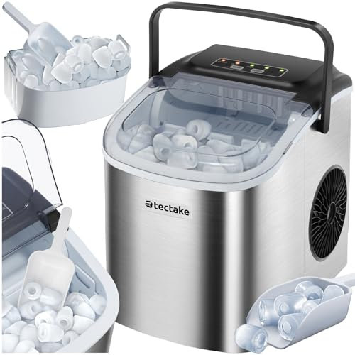 tectake® Máquina de Hielo Portátil, Tanque de Agua 1,2 Litros, 2 Tamaños de Cubitos de Hielo, Autolimpieza, Acero Inoxidable, Indicadores de Depósito Lleno y Vacío, Ideal Hogar y Oficina - plateado