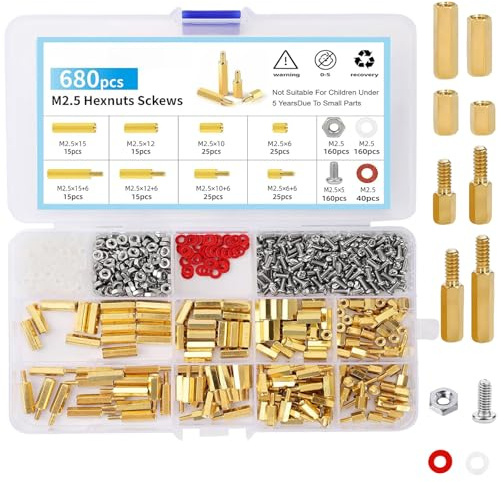 680 Pcs M2.5 Separador Latón Hexagonal con Caja Almacenamiento, Espaciador Pilar Macho Hembra, Kit Surtido Tornillo Tuercas Acero Inoxidable, Accesorios Placa Base PCB para Computadoras, Electrónica