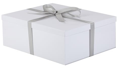 KdmNzoo Große Geschenkbox, weiß, 42 x 32 x 15,5 cm, leere Geschenkbox, Geburtstag, Hochzeit, 1 Stück (enthält Band, Seidenpapier, Umschläge und Karten)