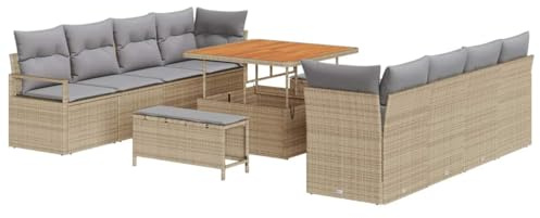 vidaXL 11-delat Trädgårdsoffa-set med kuddar Beige Poly Rattan Utemöbler | UV-resistenta sittplatser för 6 personer rektangulär kuddad sittning kaffebord sektion för soffor 3 sits patio