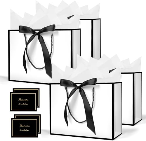 AMFUN Geschenktüten, 4Stück Papiertüten mit Schleifenbändern + 4 Grußkarten + 4 Seidenpapier, Kreuzbodenbeutel, Geschenktaschen Groß mit Henkel für Geburtstag Hochzeit Feier Party