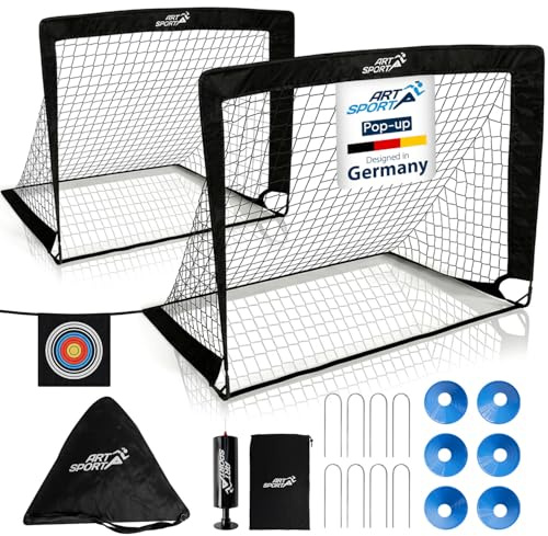 ArtSport porte da calcio pop-up Goal Master – Set 2 pezzi con accessori – pieghevoli e pronte all’uso – porte da calcio per giardino e interno – Nero