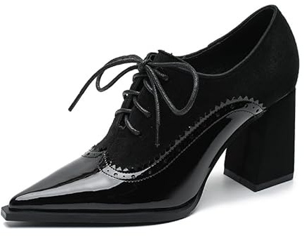 DAISIQ Women's Chunky Heels Pumps Shoes | Pointed Toe Brogue Shoes British Style Comfortable Dress