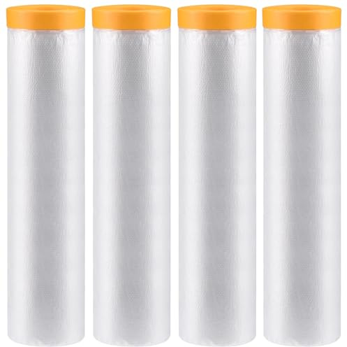LCOUACEO 4 Rouleaux Bache de Protection Peinture, 2,4m x 20m Masker avec Ruban de Masquage, Film de Protection Sol Meubles, Film de Masquage avec Ruban de Adhésifs Masquage Peinture