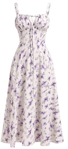 IBAKOM Femmes Robe d'été Spaghetti Bretelles Robe de Printemps Bohème Robe Avant Fourche Swing Midi Sun Jupe Fête Vacances Plage Robe