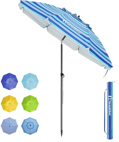Grandekor Sonnenschirm Ø180cm winddichter Strandschirm Gartenschirm Marktschirm, Terrassenschirm mit Bodenhülse & Drehstange & Schutzhülle, Sonnenschutz UV50+ Dunkel-Hellblaue und Weiße Streifen Rund
