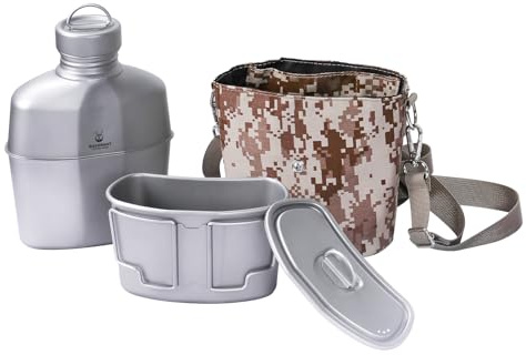 SILVERANT Kit militare da mensa in titanio, bottiglia d'acqua da 1000 ml con tazza e coperchio da 500 ml, set di pentole ultraleggere per campeggio, sopravvivenza, bushcraft e attività all'aperto