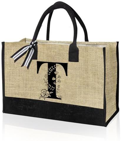 VLYX Personlig Toteväska i Canvas med Initialer, Strandväska Presentväska Lämplig för Födelsedag, Bröllop, Strand, Semester, Fantastiska Födelsedagspresenter till Kvinnor, Mamma - T