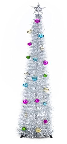 BrilliantJo Christmas Tree 5ft Artificial with Light and Topper Star Ball Pop Up Collapsible Stand for Xmas Holiday Party Decorations, Home Office Display, 150cm, Silver