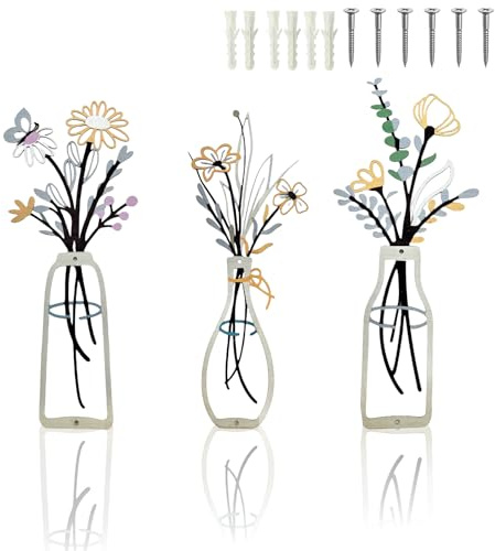 3 PCS Metal Flowers Wall Art, Minimalism Flower in Vase Hanging Iron Wall Decor, Rustic Farmhouse Decor, Stylish Hanging Decor for Living Room, Bedroom, Kitchen, Bathroom, Housewarming Gifts, Colorful