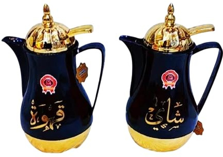 Luxury 1L Arabic Coffee Flask & Shai Kahwa Gift Set – Black & Gold Vacuum Insulated Dallah Style Jug Traditional Middle Eastern Arabic Tea & Coffee Pot Ideal for Gifting and Home Use